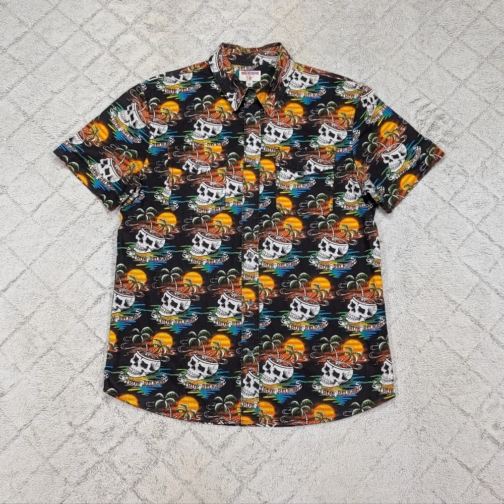 True Religion Shirt Mens L Black Skull Hawaiian Utility Short Sleeve Travel